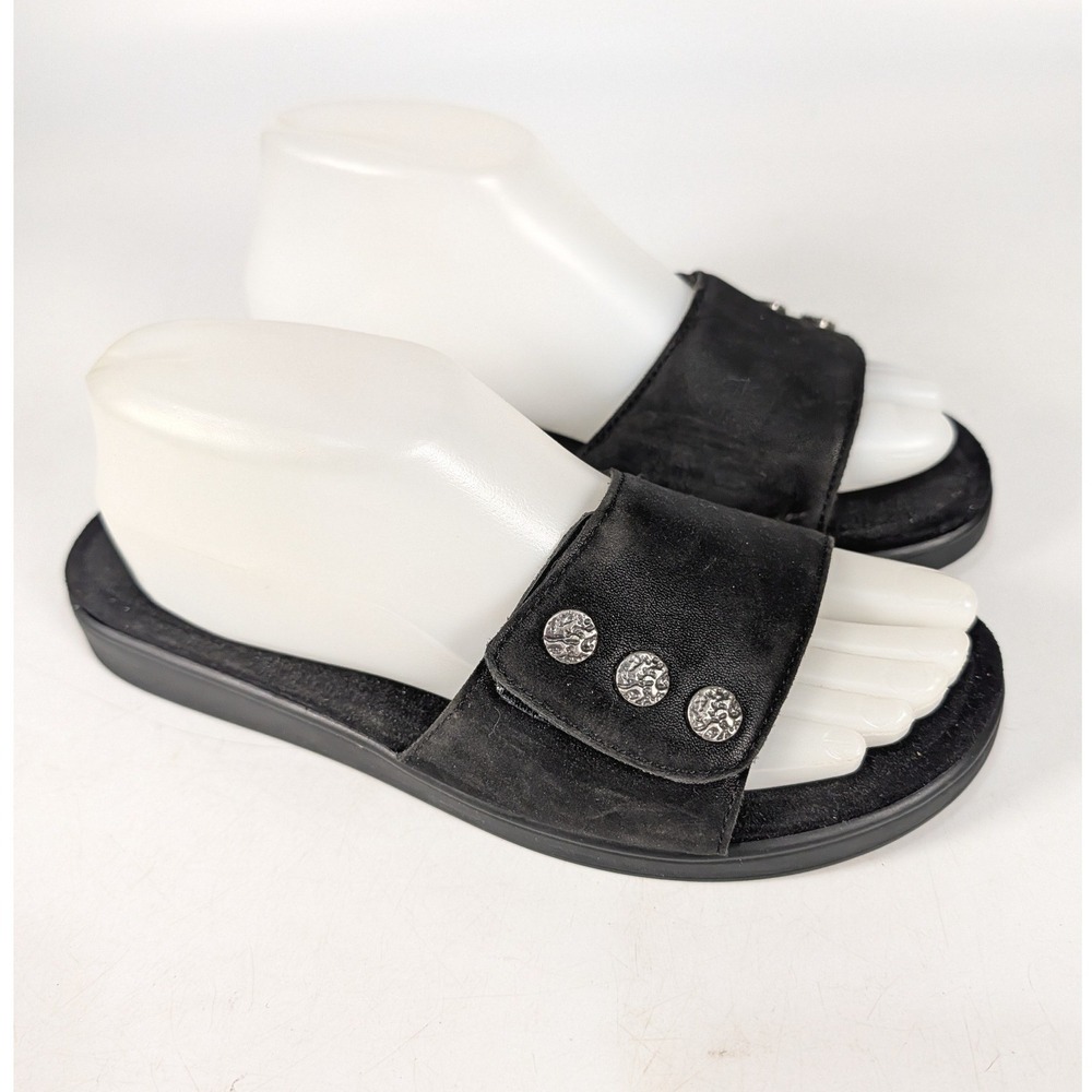 Alegria by PG Lite Lily Black Slide Sandals Adjustable Strap Silver Buttons 39